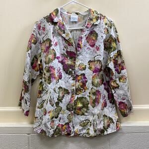 CLICK by Color me Cotton women’s Large linen floral print button down blouse top